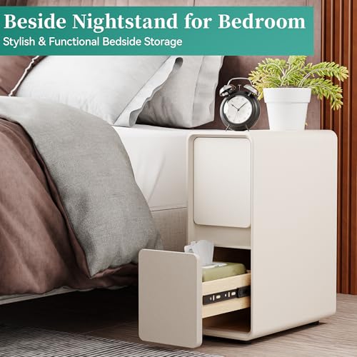 7.8" W Faux Leather Narrow Nightstand, Modern Fully-Assembled Bedside Table with 2 Drawers, Wood Night Stand Small Accent End Table & Side Table for Bedroom, Cream White - color: Cream, size: 8in