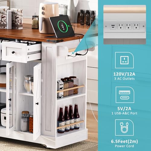 53'' Farmhouse Kitchen Island with Drop Leaf, Power Outlet,Tempered Glass Cabinet Doors,Rolling Kitchen Cart on Wheels for Dining Room or Living Room (White/P) - color: White/P)