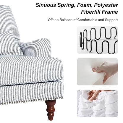 Mid-Century Modern Accent Chair with Lumbar Pillow, Pinstripe Blue, 2 Pack | Upholstered Chenille Armchair, Solid Wood Frame & Legs, Comfy Reading Lounge Sofa for Living Room Bedroom, & Small Spaces - color: Pinstripe Blue, size: 2 Seat
