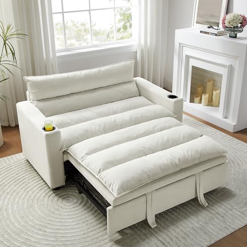 SLEERWAY 3 in 1 Convertible Sleeper Sofa Bed, 56.3" W Easy Pull Out Couch Bed with Dual Cup Holders, Comfy Thick Padding Futon Loveseat with Adjustable Backrest for Living Room Small Space (Grey) - color: Beige, size: 56.3"