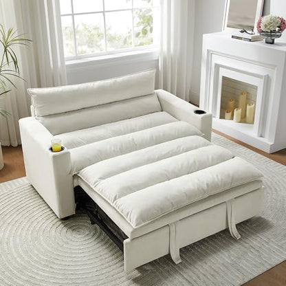 SLEERWAY 3 in 1 Convertible Sleeper Sofa Bed, 56.3" W Easy Pull Out Couch Bed with Dual Cup Holders, Comfy Thick Padding Futon Loveseat with Adjustable Backrest for Living Room Small Space (Grey) - color: Beige, size: 56.3"