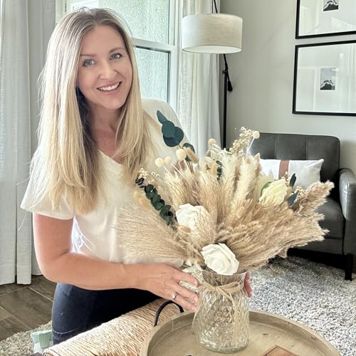 100pcs Artificial Flowers Arrangement With Vase, Dining Table Centerpiece | Dried Pampas Grass Floral Centerpieces Decorations, Fake Flowers in Vase, Coffee Table Decor, Centro de Mesa - size: pampas bouquet in vase