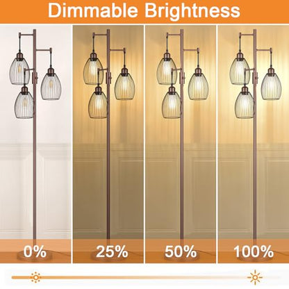 Torondo Dimmable Farmhouse Industrial Floor Lamp, Matte Brown Tree Standing Tall Lamps with 3 Elegant Teardrop Cage Head & 800 Lumens LED Edison Bulbs for Living Room Bedroom Office Dining Room - color: Matte Brown-70 inches