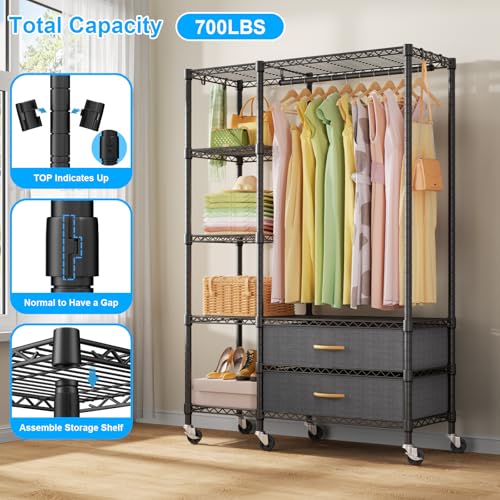 F3R Heavy Duty Clothes Rack（With Lockable Wheels）Freestanding Clothing Racks for Hanging Clothes，Adjustable Closet Organizer System，Portable Garment Rack 40"W x 15"D x 74"H，Max Load 700LBS，Black - color: Black, style: Rolling