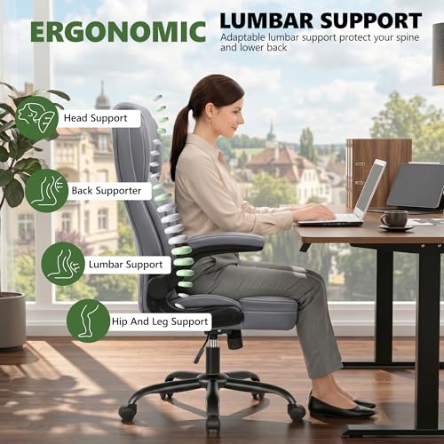 Leather Office Chair with Flip Up Arms, 360° Swivel Ergonomic Desk Chair with Wheels, Adjustable Height Computer Chair with Padded Seat for Home Office, Study,Gaming Room, Gray - color: Grey