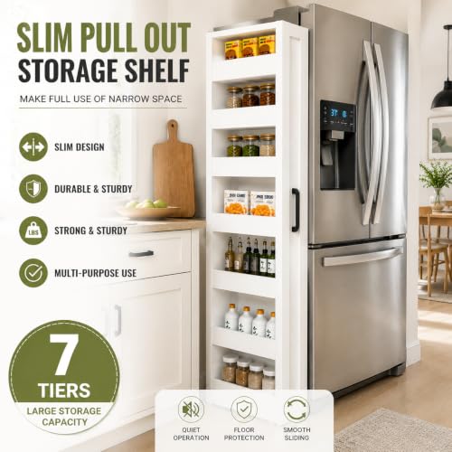 Tall Narrow Storage Cabinet, 71 Inch Tall, 8 Inch Wide, White | 7-Shelf Slim Pull-Out Organizer with Wheels for Small Spaces, Kitchen, Bathroom, Laundry Room and Narrow Gaps - color: D-white