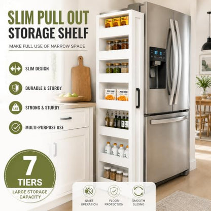 Tall Narrow Storage Cabinet, 71 Inch Tall, 8 Inch Wide, White | 7-Shelf Slim Pull-Out Organizer with Wheels for Small Spaces, Kitchen, Bathroom, Laundry Room and Narrow Gaps - color: D-white