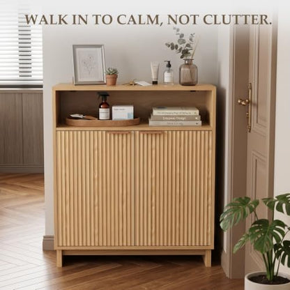 Buffet Cabinet with Storage, 31.5" Wide Kitchen Sideboard Cabinet | Mid Century Modern Wood Fluted Cabinet with Doors& Adjustable Shelves for Entryway Living Room Hallway Coffee Bar Dining Room - color: Natural Oak