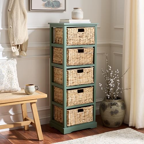 SAFAVIEH Furniture - Vedette 5-Basket Storage Tower - Dusty Green - Solid Wood - Coastal Basket Tower Design - Ideal for Entryway, Living Room, 17.5" W x 13.5" D x 46" H - Fully Assembled (AMH5739J) - color: Dusty Green