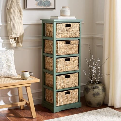 SAFAVIEH Furniture - Vedette 5-Basket Storage Tower - Dusty Green - Solid Wood - Coastal Basket Tower Design - Ideal for Entryway, Living Room, 17.5" W x 13.5" D x 46" H - Fully Assembled (AMH5739J) - color: Dusty Green