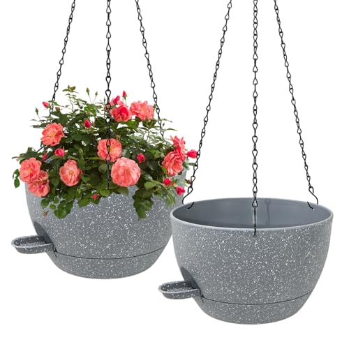 WOUSIWER Self Watering Hanging Planters, 2 Pack 10'' Plastic Pots with Drainage Holes & Reservoir Tray (Speckled Grey) | Indoor & Outdoor Use for Ferns, Ivy, Herbs, Succulents - color: Grey Speckled, size: 2 Pack 10 inches