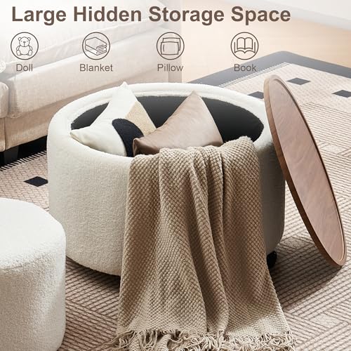 28 Inch Round Storage Ottoman with Wheels Set of 2, Multifunctional Coffee Table Ottoman with Removable Solid Wood Lid, Modern Circle Ottoman Foot Rest for Living Room, Bedroom, Beige - color: Beige