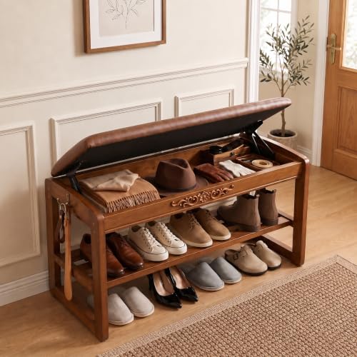 Shoe Storage Bench Shoe Rack Bench with Storage 2 Tier Wooden Shoe Rack | Solid wood shoe bench flip-top storage cushioned seat weight capacity of 550 lb side hooks walnut finish 31.5" W - size: 31.5"