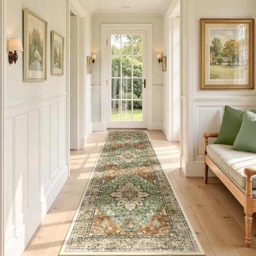 RELEANY Washable Area Rug, Runner 2'x8', Brick/Brown/Green | Non-Slip, Water Repellent, Pet Friendly, Easy to Clean, Vintage Floral Boho Decor for Kitchen Hallway Bedroom Laundry - color: Brick/Brown/Green, size: 2' X 8' (Runner)
