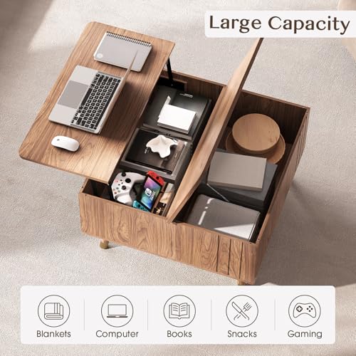 JOINICE Walnut Lift Top Coffee Table with Storage for Living Room,Square | 32" Multi-functional Pop Up Center Table,Large Hidden Compartments with Solid Wood Legs,Lift to 23",Hold 100lbs,Easy Assembly - color: Walnut_square