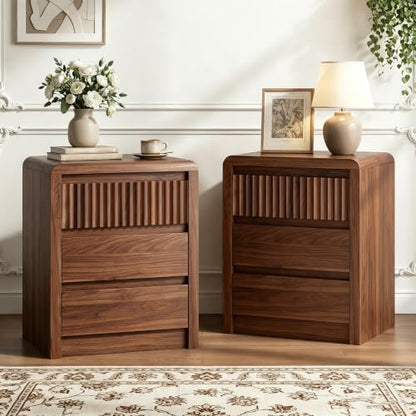 LYNSOM Fluted Nightstand Set of 2, Wood End Table with 3 Drawer, Walnut | Mid Century Modern Night Stand with Stoarge, Bedside Table with Curved Profile Design for Living Room, Office, 20" W - color: Walnut, size: 3 Drawers
