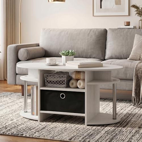Oval Modern Coffee Table with Side Shelves and Storage Bin, Side Table with Shelf, Coffee Table, for Bedroom, Living Room, Home Office, White Oak/Stainless Steel - color: White Oak/Stainless Steel/Black