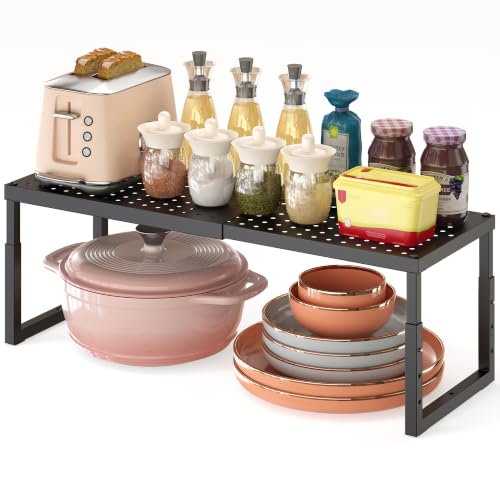 Shelf Organizer Riser For Cabinet Pantry Kitchen Countertop Cupbaord Closet | Expandable Width, Adjustable Height, Stackable As 2-Tier Shelf Rack, Snap-Button: Easily Adjust Height, Heavy Duty Metal - color: Black-1 Pack