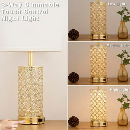 SAIWEYA 24in Crystal Table Lamp Set of 2 Bedroom Lamps for Night Stand | 3-Way Dimmable Touch with Night Ligh, 2 USB Ports + AC Outlet, White Fabric Shade, LED Bulb Included - color: Gold-2 Pack 24In