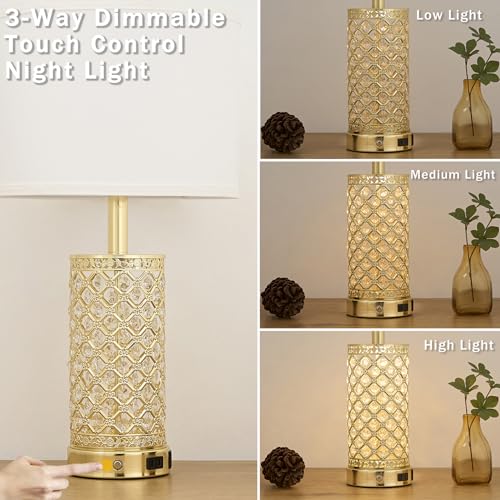 SAIWEYA 24in Crystal Table Lamp Set of 2 Bedroom Lamps for Night Stand | 3-Way Dimmable Touch with Night Ligh, 2 USB Ports + AC Outlet, White Fabric Shade, LED Bulb Included - color: Gold-2 Pack 24In