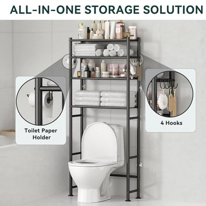 GloTika 4-Tier Over The Toilet Storage Shelves, Black | 200lb Total Capacity, Metal Bathroom Organizer with 36" Clearance, Includes Paper Holder & 4 Hooks, Suit for Small Space - color: Black