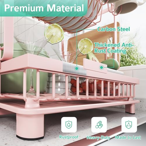 Multifunctional Dish Drying Rack - Rustproof, 2-Tier Dish Racks with Drainboard, Space-Saving Design, Utensil & Cup Holder for Kitchen Counter, Pink - color: Pink