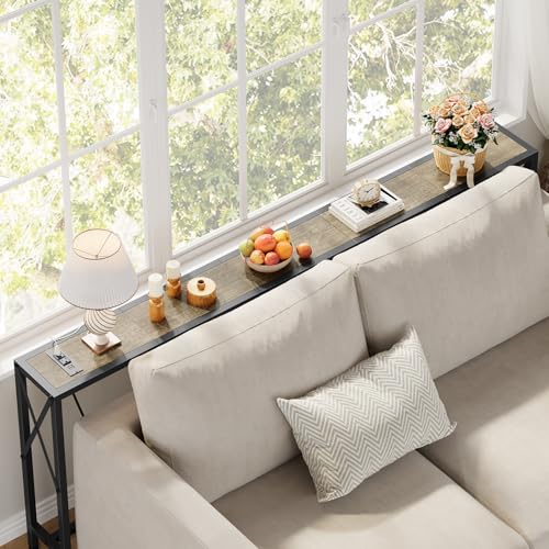 Gewudraw 70" Sofa Table Behind Couch with Socket-Narrow Console Table | Industrial Style, Long Skinny Design,Couch Table For Hallway,Living Room,Bedroom, Built-In Power Outlets & USB, 172cm Length - color: Light Grapefruit, size: 70 in