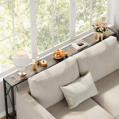 Gewudraw 70" Sofa Table Behind Couch with Socket-Narrow Console Table | Industrial Style, Long Skinny Design,Couch Table For Hallway,Living Room,Bedroom, Built-In Power Outlets & USB, 172cm Length - color: Light Grapefruit, size: 70 in