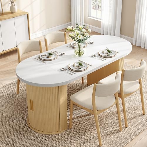 IRONCK 71" Oval Dining Table with Hidden Storage, Oak | Faux quartz-pattern laminate top, dual-sided cabinets, fluted engineered-wood base, and 397 lb capacity. - color: Oak