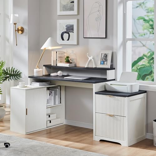 Modern L Shaped Desk with Storage Cabinet & Drawers, Wood Home Office Desk with Power Outlets, Fluted Computer Writing Desk - color: Antique White, size: 33"D x 67"W x 35.5"H
