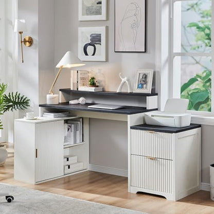 Modern L Shaped Desk with Storage Cabinet & Drawers, Wood Home Office Desk with Power Outlets, Fluted Computer Writing Desk - color: Antique White, size: 33"D x 67"W x 35.5"H
