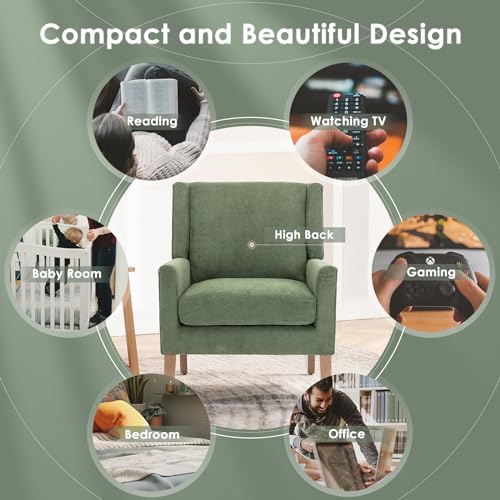 COLAMY Modern Wingback Living Room Chair, Upholstered Fabric Accent Armchair, Single Sofa Chair with Lounge Seat and Wood Legs for Bedroom/Office/Reading Spaces, Green - color: Green, size: Set of 1