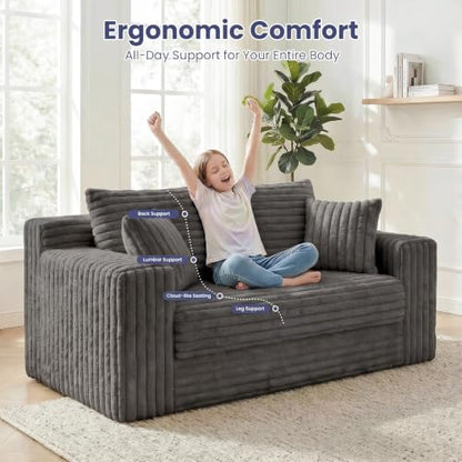 3-in-1 Convertible Sofa Bed: Boneless Loveseat Sleeper & Folding Couch Bed with 4 Pillows & Detachable Cushion, Furry Futon Couch for Bedroom, Apartment, Office and Living Room, No Assembly, Grey - color: D-grey, size: Loveseat Sofa