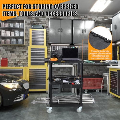 3-Tier Heavy Duty Flat Top Rolling Utility Cart, 27.5 x 18.25 in | 330 lbs Capacity, Flat Top Shelves, Industrial Plastic, Swivel Wheels, Multipurpose Work Cart, Service Tool Organizer - style: Standard