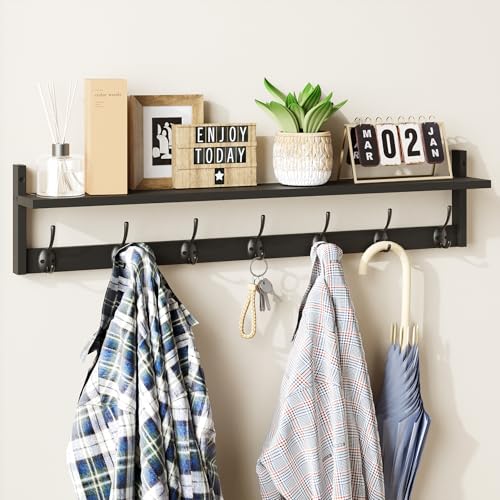 BAMEOS Wall Hooks with Shelf 35 Inch Length Entryway Hanging Shelf Wood Coat Hooks Wall-Mounted Coat Hook Rack with 7 Dual Hooks for Bathroom, Living Room, Bedroom (Black) - style: Black-35IN with shelf