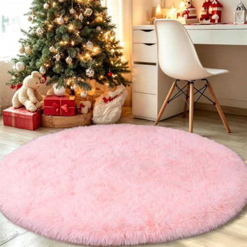 4ft Fluffy Pink Round Rug for Bedroom Girls, Washable Non-Slip | Soft and Fluffy Plush, Memory Foam Padding, Flame Resistant, Pink Shag Circle Rug for Girls Kids Room Dorm Home Decor - color: Pink, size: 4' (Round)