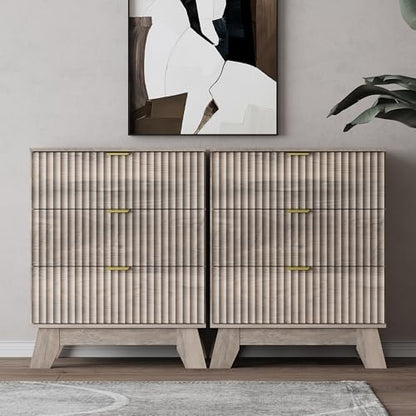 Night Stand Set 2, Bedside Table & End Table, Mid Century Modern Fluted Wood Nightstand with 3 Drawers & Metal Handles, Farmhouse Nightstand for Bedroom, Grey - color: Grey, style: 3 Drawers-2 PCS