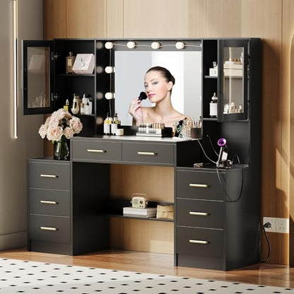 TOKSOM Black Vanity Desk with Mirror, Lights & Charging Station, 58.3" 3 Lighting Modes Makeup Desk with 8 Drawers, 2 Cabinets and Lots Storage, Dressing Table Vanity Set with Lighted Mirror - size: 58.3 inch, style: Modern Black