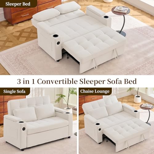 Korser 55.5'' 3-in-1 Convertible Sofa Bed, Pull Out Couch with 5-Position Adjustable Backrest, Loveseat Sleeper Sofa for Small Spaces, Sofa Couch with Cup Holders for Living Room, Office, Chenille - color: Beige