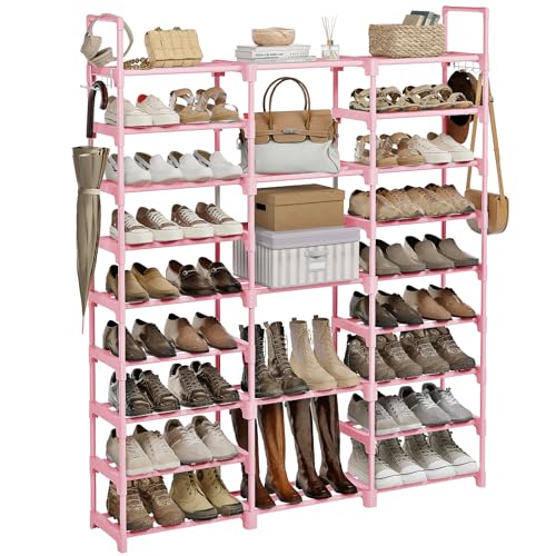 WOWLIVE 9 Tier 3-Column Shoe Rack, 50-55 Pairs Stackable Pink | 50in Long for Larger Entryways, Removable Shelves Fit Tall Boots, Split into Multiple Units for Garage Closet - color: Pink, size: 3 Row 9 Tier