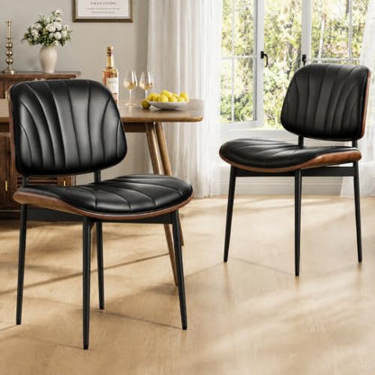 Dining Chairs Set of 2, Mid-Century Modern Upholstered PU Leather Chairs | with Walnut Bentwood Back and Metal Legs Adjustable Feet for Kitchen, Black Shell Strips - color: Black Shell Strips