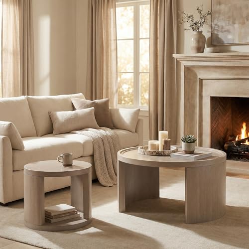 Round Nesting Coffee Table Set of 2, 31.5 and 18 in, Gray | Round coffee table set, nesting tables for living room, use separately, space-saving design - color: Grey