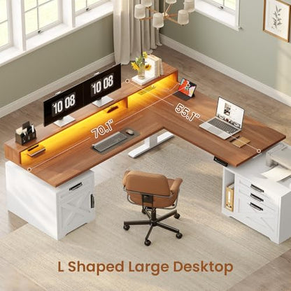 SEDETA Farmhouse L Shaped Standing Desk, 70.1" x 73.2" Height Adjustable Home Office Executive Desk with Drawers, Power Outlet, Monitor Stand, Sit Stand Table with Led Lights for Home Office, White - color: White