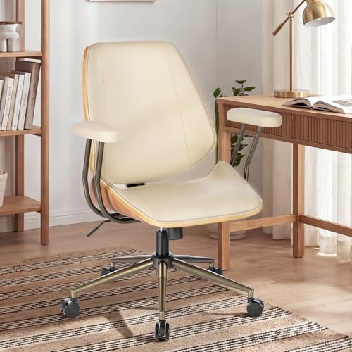 Modern Mid Back Office Chair, Adjustable Swivel Desk Chair with Arms, Beige | Faux leather seat, wood accent detail, mid-back with padded armrests, adjustable swivel, for home office, bedroom & study - color: Beige, size: 1-Piece Back / No Headrest