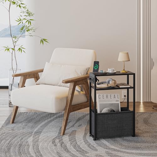 Leomonio Narrow Side Table with Charging Station, Slim End Tables with Linen Basket, Skinny Table for Small Spaces, Thin Bedside Table for Living Room, Bedroom - color: Ebony Black + Slate Gray - Outlet