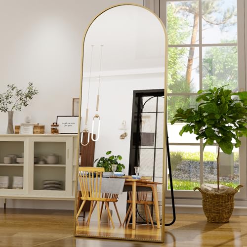 64"x21" Arched Full Length Floor Mirror Full Body Mirror with Stand | Shatterproof Tempered Glass, Aluminum Alloy Frame HD-Free Standing or Leaning Wall Mirror for Bedroom or Living Room - color: Gold, size: 64"L x 21"W