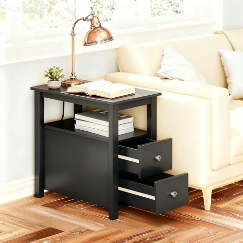 ZENY Narrow End Table Side Table with Drawer and Open Shelf Sofa Table for Living Room Bedroom, Bedside, Couch - color: Black