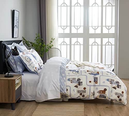 DAUAOTO Boys Queen Size 90x90 Duvet Cover Set, 100% Cotton Teens Kids Bedding Soft Road Map Landscape Pattern, Blue Town - color: Pattern 7#, size: 90"x90" Full/Queen Cover + 2 Shams