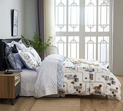 DAUAOTO Boys Queen Size 90x90 Duvet Cover Set, 100% Cotton Teens Kids Bedding Soft Road Map Landscape Pattern, Blue Town - color: Pattern 7#, size: 90"x90" Full/Queen Cover + 2 Shams