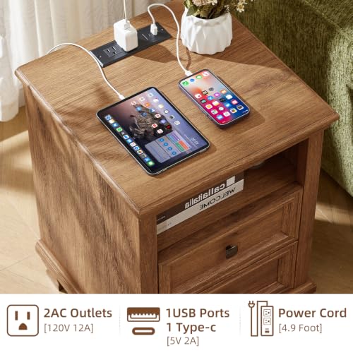 Farmhouse Nightstand with Charging Station, Brown | End Tables Bedroom with 2 Drawers, Traditional Night Stand with Open Shelf & Thickened Top & Square Wooden Legs - color: Brown, size: 18"D x 18"W x 25"H (2 Drawers)
